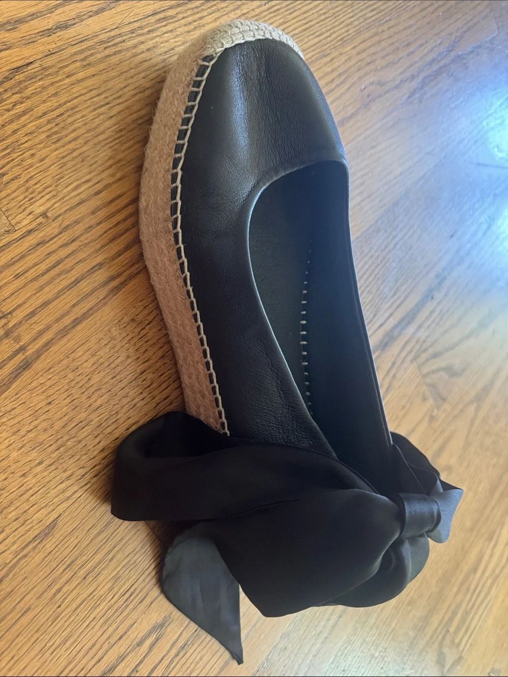 Free People Black Leather Espadrille Ballet Flats with Satin Ankle Ribbons